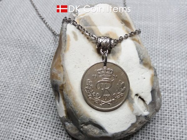 Denmark 1951 25 ore coin necklace. 73 year old coin pendant. 73rd birthday gift. Danish R-initial coin souvenir.