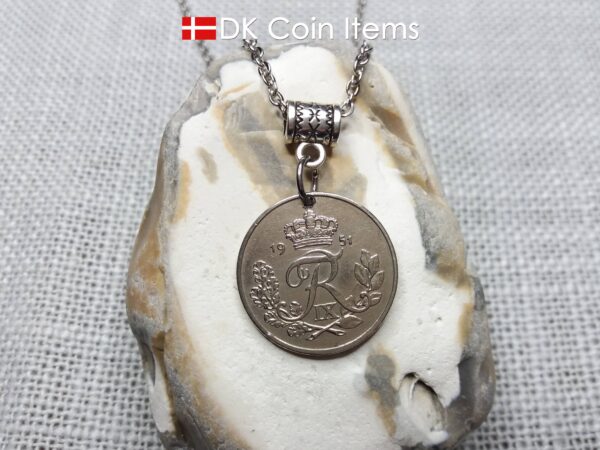 Denmark R-initial coin necklace. 73 year old 25 ore coin pendant. 73rd birthday gift. Danish 1951 coin souvenir. Cord/chain options.