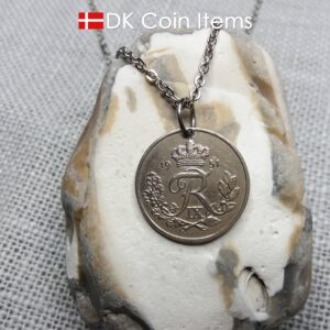 Denmark 1951 25 ore coin pendant necklace. 73 year old coin. 73rd birthday gift. Danish R-initial coin souvenir.