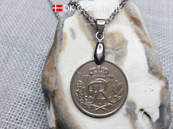 Denmark 1951 25 ore coin necklace. 73 year old coin pendant. 73rd birthday gift. Danish R-initial coin souvenir on pinch bail