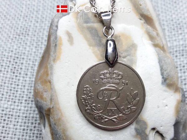 Denmark R-initial coin necklace. 73 year old 25 ore coin pendant. 73rd birthday gift. Danish 1951 coin souvenir on pinch bail