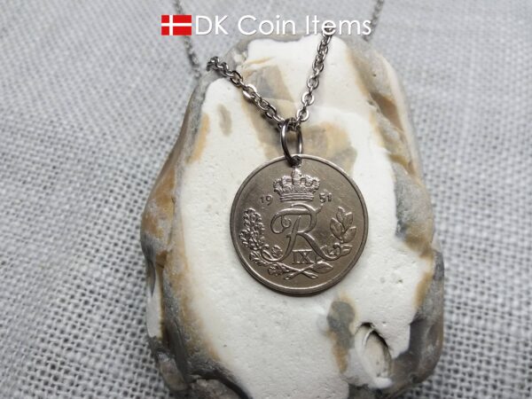 Denmark 1951 25 ore coin pendant necklace. 73 year old coin. 73rd birthday gift. Danish R-initial coin souvenir.