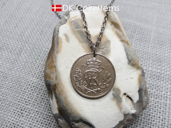 Denmark R-initial coin pendant necklace. 73 year old 25 ore. 73rd birthday gift. Danish 1951 coin souvenir. Cord/chain options.