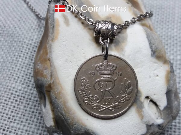 Denmark 1951 25 ore coin necklace. 73 year old coin pendant. 73rd birthday gift. Danish R-initial coin souvenir.