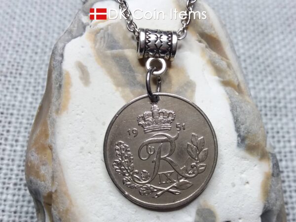 Denmark R-initial coin necklace. 73 year old 25 ore coin pendant. 73rd birthday gift. Danish 1951 coin souvenir. Cord/chain options.