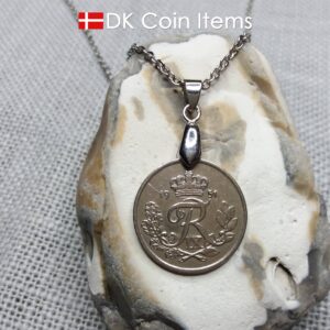 Denmark 1951 25 ore coin necklace. 73 year old coin pendant. 73rd birthday gift. Danish R-initial coin souvenir on pinch bail