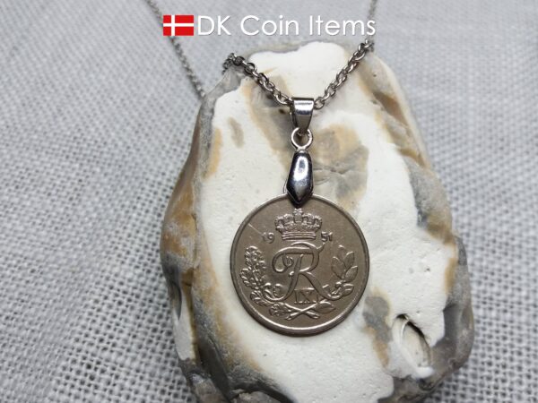 Denmark 1951 25 ore coin necklace. 73 year old coin pendant. 73rd birthday gift. Danish R-initial coin souvenir on pinch bail