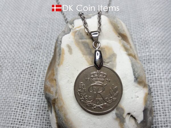 Denmark R-initial coin necklace. 73 year old 25 ore coin pendant. 73rd birthday gift. Danish 1951 coin souvenir on pinch bail