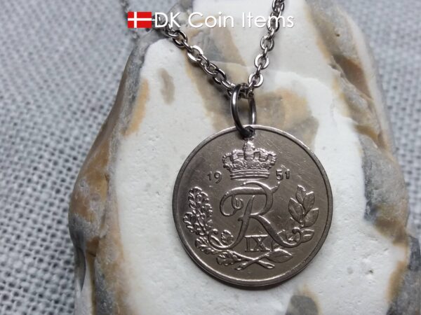 Denmark 1951 25 ore coin pendant necklace. 73 year old coin. 73rd birthday gift. Danish R-initial coin souvenir.