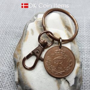 Denmark 1951 R coin keychain. 73 year old 25 ore coin pendant. 73rd birthday gift. Danish vintage coin souvenir copper plated decoratively.