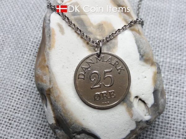 Denmark R-initial coin pendant necklace. 73 year old 25 ore. 73rd birthday gift. Danish 1951 coin souvenir. Cord/chain options.