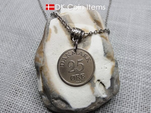 Denmark 1951 25 ore coin necklace. 73 year old coin pendant. 73rd birthday gift. Danish R-initial coin souvenir.