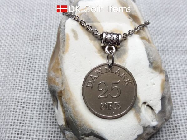 Denmark R-initial coin necklace. 73 year old 25 ore coin pendant. 73rd birthday gift. Danish 1951 coin souvenir. Cord/chain options.