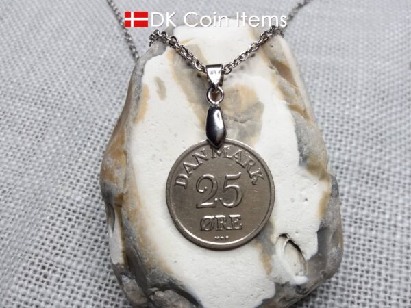 Denmark 1951 25 ore coin necklace. 73 year old coin pendant. 73rd birthday gift. Danish R-initial coin souvenir on pinch bail