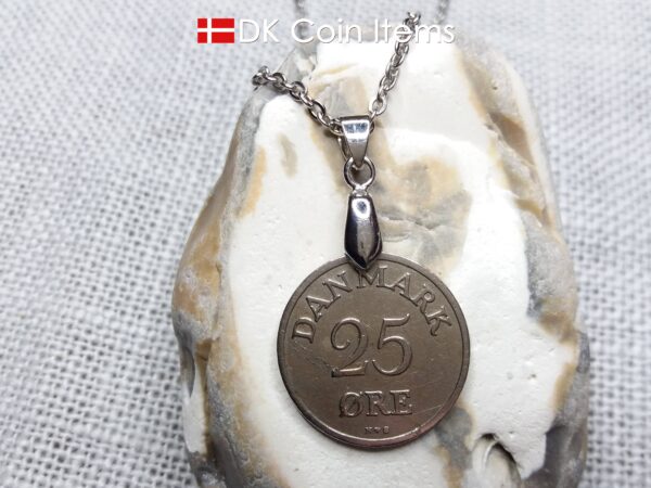 Denmark R-initial coin necklace. 73 year old 25 ore coin pendant. 73rd birthday gift. Danish 1951 coin souvenir on pinch bail