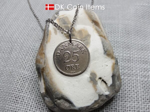 Denmark 1951 25 ore coin pendant necklace. 73 year old coin. 73rd birthday gift. Danish R-initial coin souvenir.