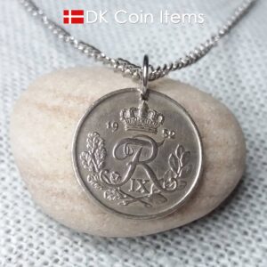 Danish 1952 coin necklace. 72 year old 25 ore coin pendant with Crown R-initial