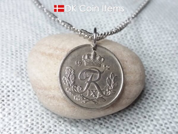 Danish 1952 coin necklace. 72 year old 25 ore coin pendant with Crown R-initial