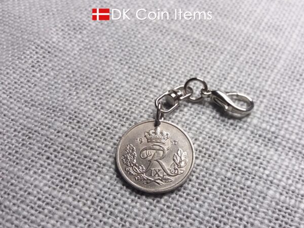 Denmark 1957 coin charm. Vintage 67 year old R-initial 25 ore coin pendant.