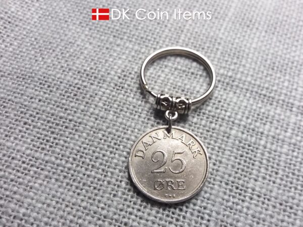 Denmark 1957 coin keychain. Vintage 67 year old R-initial 25 ore coin pendant.