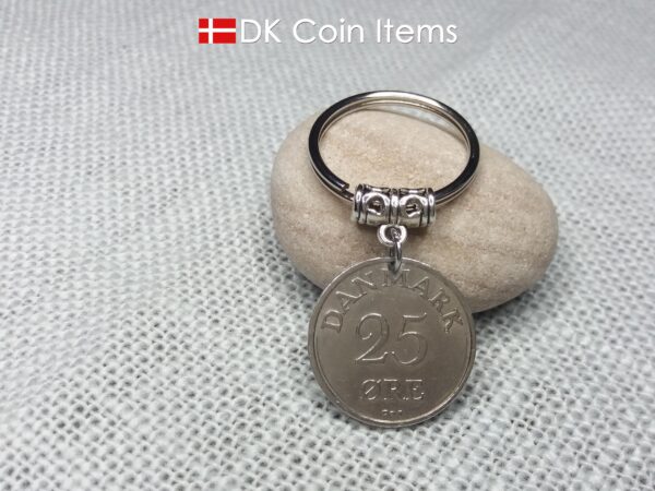 Denmark 1957 coin keychain. Vintage 67 year old R-initial 25 ore coin pendant.