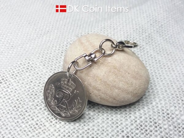 Denmark 1957 coin charm. Vintage 67 year old R-initial 25 ore coin pendant.