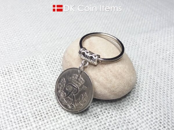 Denmark 1957 coin keychain. Vintage 67 year old R-initial 25 ore coin pendant.