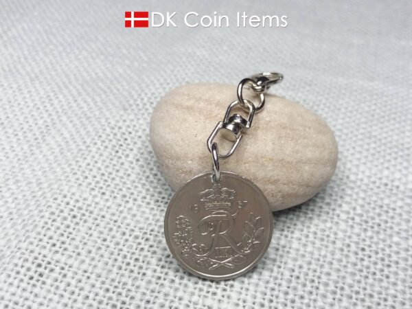 Denmark 1957 coin charm. Vintage 67 year old R-initial 25 ore coin pendant.