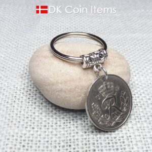 Denmark 1957 coin keychain. Vintage 67 year old R-initial 25 ore coin pendant.