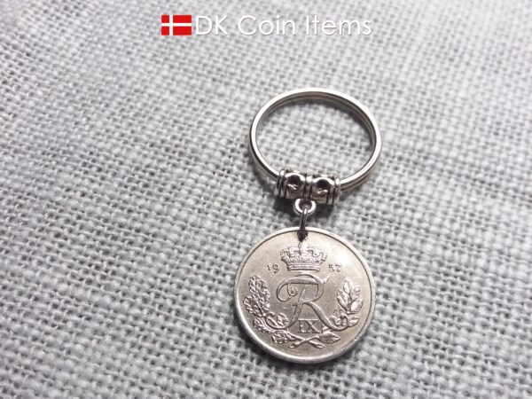 Denmark 1957 coin keychain. Vintage 67 year old R-initial 25 ore coin pendant.