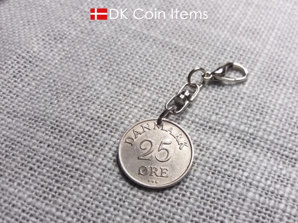 Denmark 1957 coin charm. Vintage 67 year old R-initial 25 ore coin pendant.