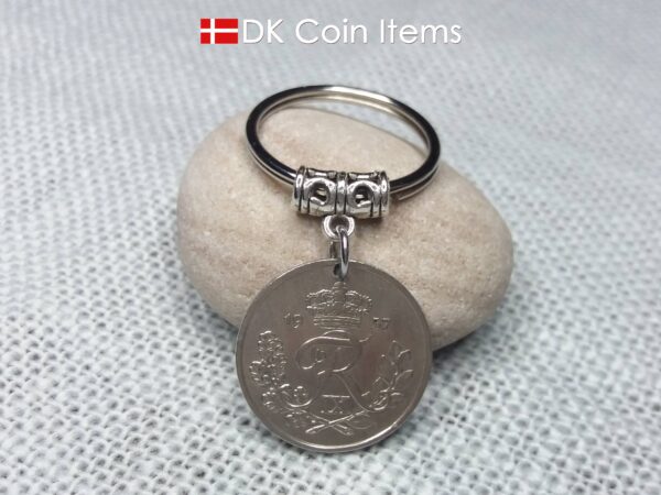 Denmark 1957 coin keychain. Vintage 67 year old R-initial 25 ore coin pendant.