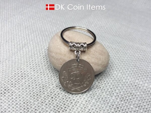 Denmark 1957 coin keychain. Vintage 67 year old R-initial 25 ore coin pendant.