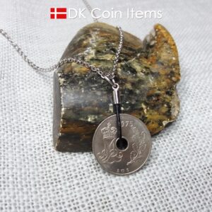 1975 coin pendant necklace. 49 year old Danish 25 ore with M initial as coin charm on cowhide string