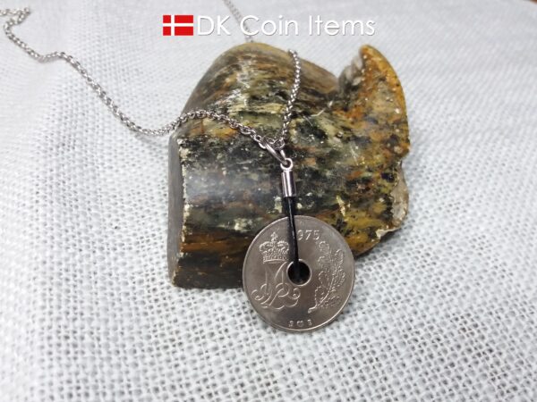 1975 coin pendant necklace. 49 year old Danish 25 ore with M initial as coin charm on cowhide string