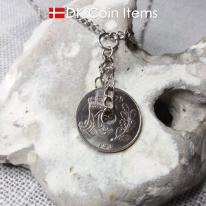 1975 coin pendant necklace. 49 year old Danish 25 ore with M initial as coin charm on twisted rings