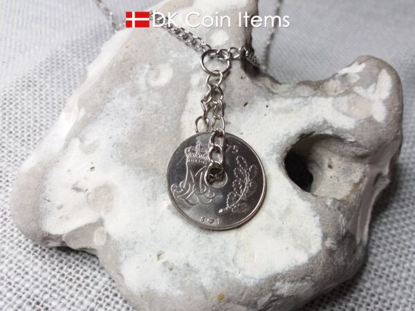 1975 coin pendant necklace. 49 year old Danish 25 ore with M initial as coin charm on twisted rings