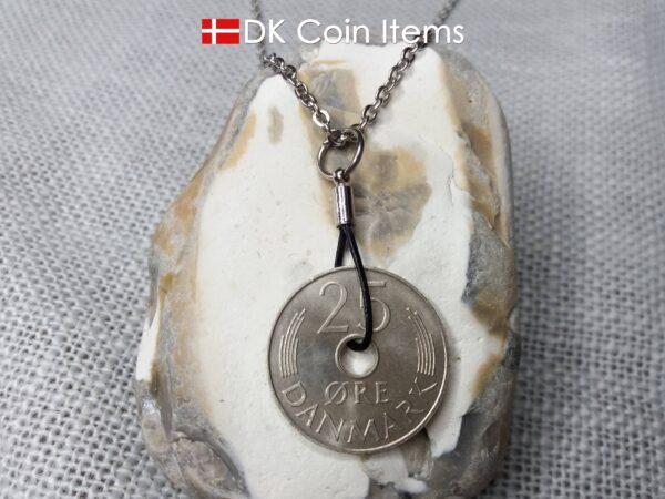 1975 coin pendant necklace. 49 year old Danish 25 ore with M initial as coin charm on cowhide string