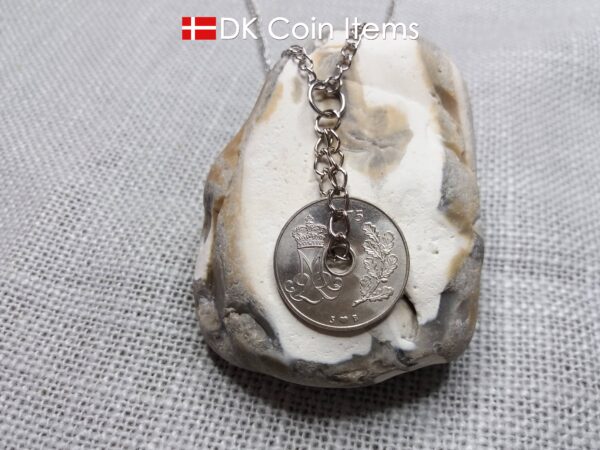 1975 coin pendant necklace. 49 year old Danish 25 ore with M initial as coin charm on twisted rings