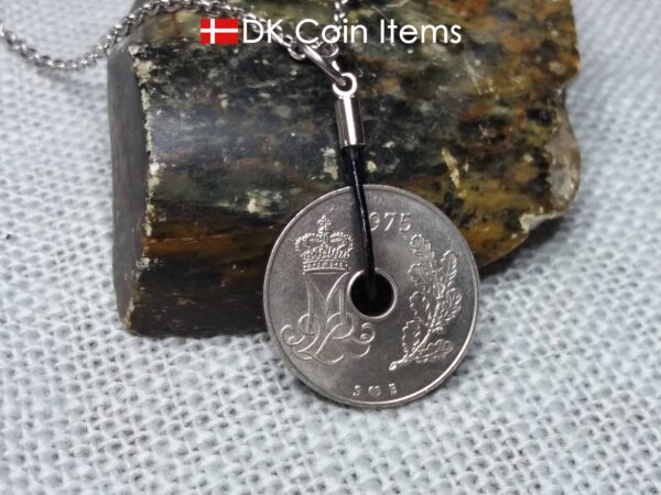 1975 coin pendant necklace. 49 year old Danish 25 ore with M initial as coin charm on cowhide string