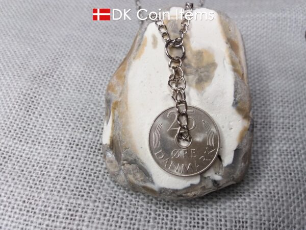 1975 coin pendant necklace. 49 year old Danish 25 ore with M initial as coin charm on twisted rings