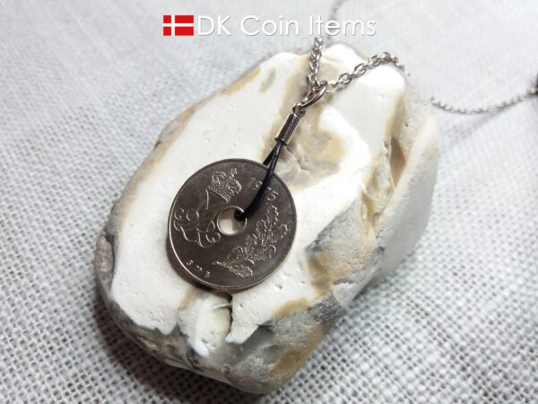 1975 coin pendant necklace. 49 year old Danish 25 ore with M initial as coin charm on cowhide string