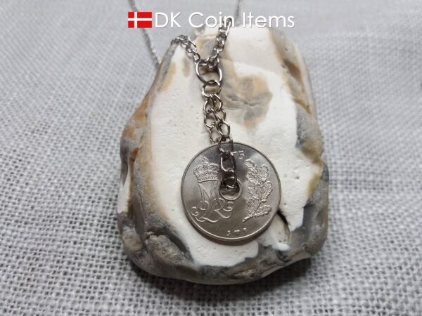 1975 coin pendant necklace. 49 year old Danish 25 ore with M initial as coin charm on twisted rings