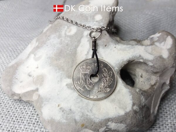 1975 coin pendant necklace. 49 year old Danish 25 ore with M initial as coin charm on cowhide string