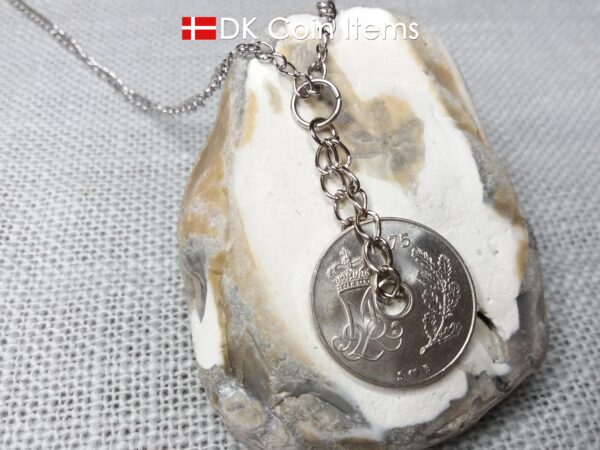 1975 coin pendant necklace. 49 year old Danish 25 ore with M initial as coin charm on twisted rings