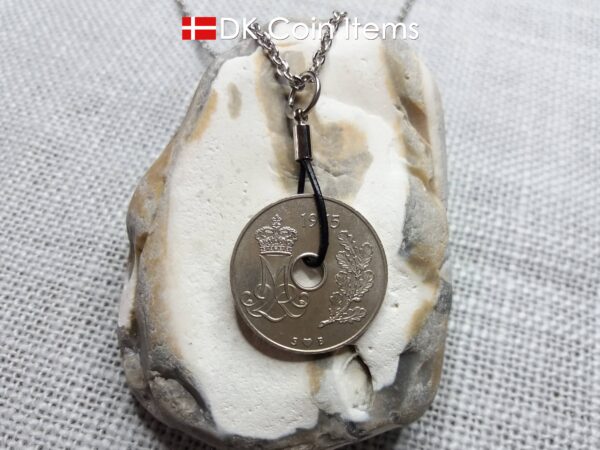 1975 coin pendant necklace. 49 year old Danish 25 ore with M initial as coin charm on cowhide string