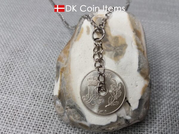 1975 coin pendant necklace. 49 year old Danish 25 ore with M initial as coin charm on twisted rings