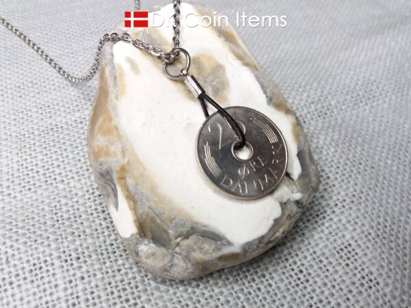 1975 coin pendant necklace. 49 year old Danish 25 ore with M initial as coin charm on cowhide string