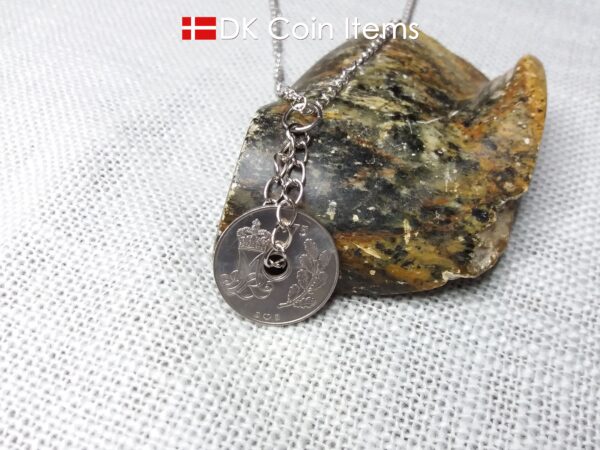 1975 coin pendant necklace. 49 year old Danish 25 ore with M initial as coin charm on twisted rings