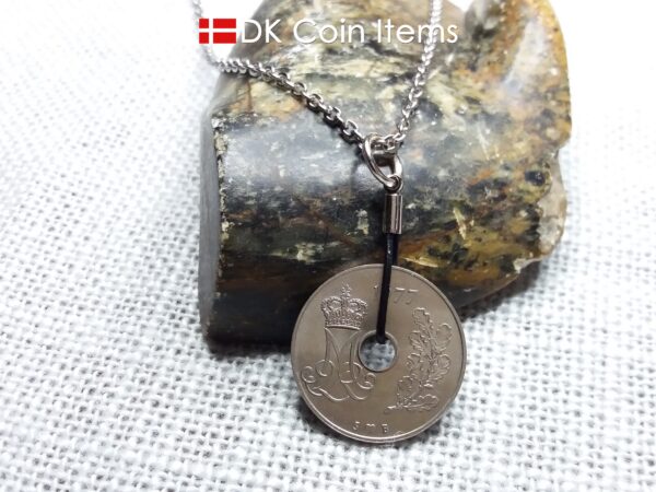 1977 coin pendant necklace. 47 year old Danish 25 ore with M initial as coin charm on cowhide string